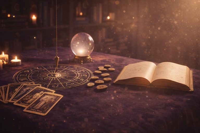 Illustration éditoriale haut de gamme d’un espace de divination : table en velours violet profond avec cartes de tarot, pendule au-dessus d’un cercle zodiacal, runes gravées, boule de cristal lumineuse et livre ancien ouvert, éclairage chaleureux et ambiance mystique raffinée.