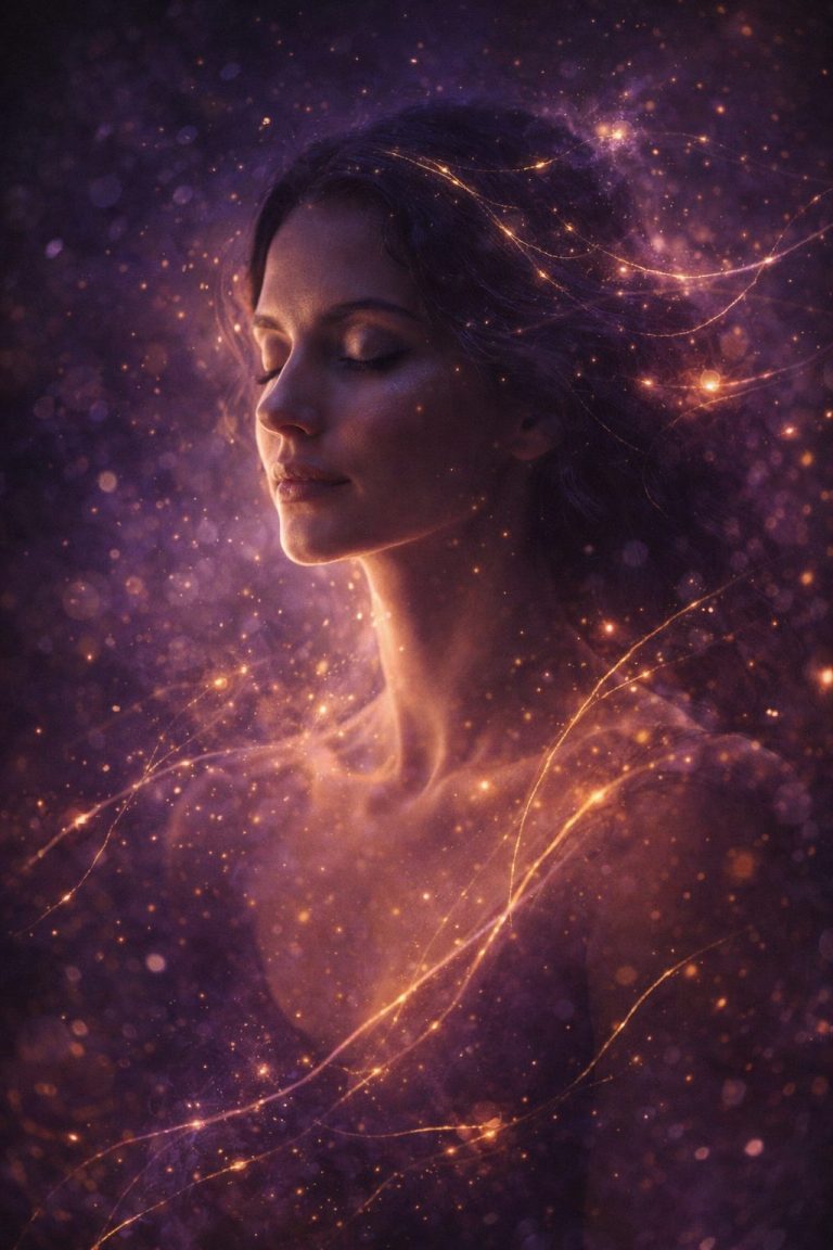Portrait éthéré d’une femme en méditation, yeux fermés, entourée de filaments lumineux dorés et violets évoquant une connexion énergétique au cosmos, sur fond profond indigo avec particules lumineuses flottantes.