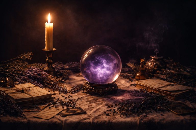 Table de séance mystique éclairée à la bougie avec boule de cristal violette, herbes séchées et lettres anciennes sur nappe en lin, ambiance sombre et cinématographique.