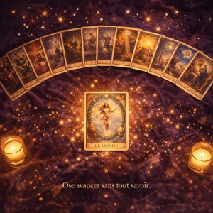 Flat lay éditorial mystique de 22 cartes de tarot (arcanes majeurs) disposées en arc doré sur un velours violet profond, avec une carte centrale “Le Monde” lumineuse, entourée de poussières cosmiques et éclairée par une douce lumière de bougies.
