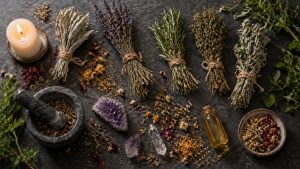 Plantes séchées disposées en fagots (sauge, lavande, romarin, thym, armoise) attachées avec de la ficelle naturelle, alignées sur une surface en ardoise sombre. Autour : pétales séchés éparpillés (rose, camomille, calendula), mortier et pilon contenant des herbes broyées, cristaux (améthyste, quartz clair), petit flacon d’huile, bougie blanche allumée et quelques brins de plantes fraîches. Lumière douce venant de la gauche, ambiance botanique, sacrée et apaisante, vue de dessus.