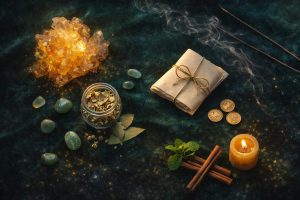 Flat lay photoréaliste sur velours vert émeraude sombre : amas de citrine brute aux reflets dorés, galets d’aventurine verte, petit bocal en verre rempli de camomille séchée et de feuilles de laurier, parchemin roulé noué avec une ficelle dorée, trois pièces d’or disposées en triangle, bougie en cire d’abeille allumée, brins de menthe fraîche et bâtons de cannelle, fines volutes d’encens — ambiance chaleureuse, luxueuse et symbolique de prospérité.