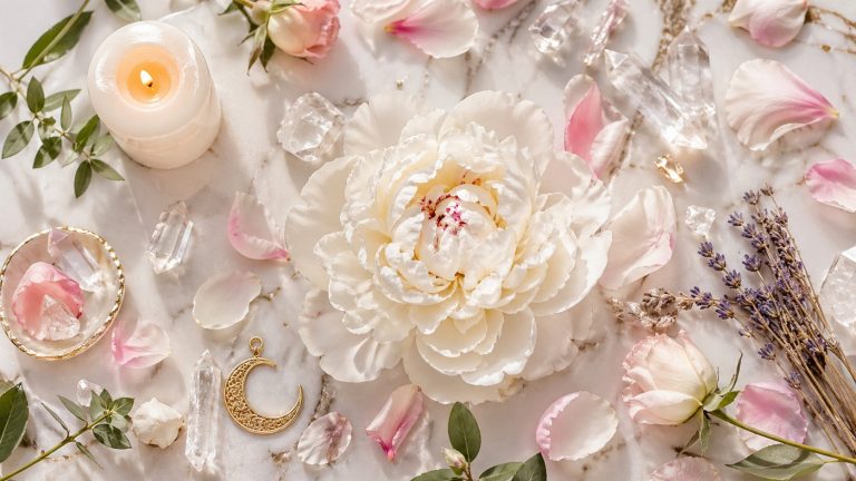 Flat lay photoréaliste au format horizontal 16:9 sur une surface en marbre blanc lumineux. Au centre, une grande pivoine blanche en pleine floraison, entourée de pétales épars blancs et rose poudré. Autour : cristaux de quartz transparents, breloque lune croissante dorée, brins de lavande séchée, petites roses, feuilles vertes fraîches et une bougie blanche allumée diffusant une lumière chaude. Ambiance douce, éthérée et printanière, avec une lumière diffuse et aérienne.
