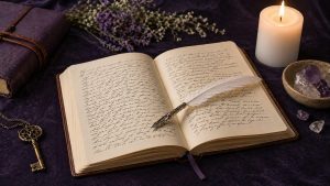 Carnet ouvert avec écriture manuscrite et plume blanche posé sur un tissu violet, éclairé par une bougie, avec quelques fleurs séchées et cristaux disposés autour.