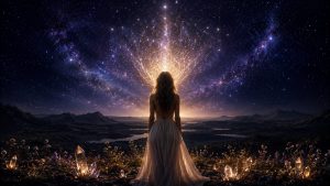 Silhouette d’une femme vue de dos, seule dans un vaste paysage sombre sous un ciel nocturne rempli d’étoiles. Au-dessus de sa tête, une couronne de lumière dorée et blanche se déploie comme un halo cosmique se dissolvant dans l’univers. Le sol autour d’elle est parsemé de petits cristaux translucides et de fleurs sauvages diffusant une faible lueur. Les montagnes et plaines plongées dans l’obscurité s’étendent jusqu’à l’horizon, tandis que le ciel indigo profond et violet semble infini. L’ensemble baigne dans une lumière stellaire mêlée à une douce aura intérieure dorée, créant une atmosphère d’éveil spirituel, de solitude sacrée et de transcendance.