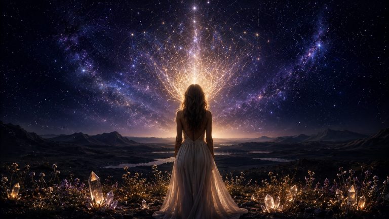 Silhouette d’une femme vue de dos, seule dans un vaste paysage sombre sous un ciel nocturne rempli d’étoiles. Au-dessus de sa tête, une couronne de lumière dorée et blanche se déploie comme un halo cosmique se dissolvant dans l’univers. Le sol autour d’elle est parsemé de petits cristaux translucides et de fleurs sauvages diffusant une faible lueur. Les montagnes et plaines plongées dans l’obscurité s’étendent jusqu’à l’horizon, tandis que le ciel indigo profond et violet semble infini. L’ensemble baigne dans une lumière stellaire mêlée à une douce aura intérieure dorée, créant une atmosphère d’éveil spirituel, de solitude sacrée et de transcendance.