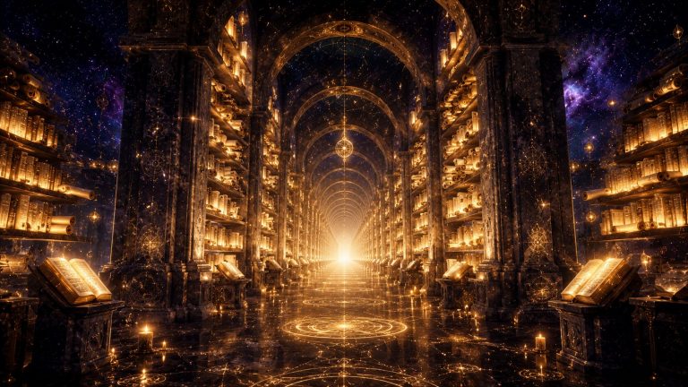 Immense bibliothèque cosmique s’étendant à l’infini dans un espace indigo profond. De grandes arches de pierre anciennes encadrent des rangées interminables d’étagères dorées remplies de livres et parchemins lumineux diffusant une douce lumière chaude. La perspective centrale crée un tunnel de lumière semblant disparaître dans l’éternité. Des particules dorées flottent dans l’air comme de la poussière sacrée, tandis que le ciel étoilé et les nuances violettes du cosmos apparaissent au-delà des arches. L’ensemble baigne dans des tons indigo nuit, or chaleureux, blanc crème et violet doux, créant une atmosphère sacrée, infinie et profondément majestueuse.