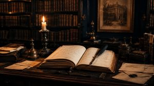 Bureau d’écriture ancien en chêne sombre placé dans une pièce plongée dans une lumière tamisée. Au centre repose un livre relié en cuir ouvert sur des pages manuscrites jaunies, accompagné d’une plume ancienne, d’une petite cloche spirituelle et de lettres pliées au papier vieilli. Une unique bougie éclaire la scène d’une lueur chaude ambrée, projetant de longues ombres sur le bois patiné. En arrière-plan, d’immenses bibliothèques chargées de livres anciens montent jusqu’au plafond dans une pénombre indigo profonde. Sur le mur, un portrait sépia flou apparaît discrètement, renforçant l’atmosphère de mysticisme intellectuel inspirée du Paris du XIXe siècle.