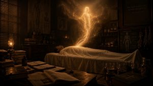 Pièce sombre inspirée de l’Amérique des années 1920, éclairée par une lampe à huile diffusant une lumière ambrée chaleureuse. Au centre, un homme allongé sur une table d’examen ancienne recouverte de draps blancs, les yeux fermés, vu de profil dans une pénombre profonde. Au-dessus de son corps s’élève une présence translucide dorée, comme une énergie ou une âme quittant doucement le corps sous forme lumineuse. Autour de la scène se trouvent un bureau en bois chargé de notes manuscrites, des livres anciens ouverts, une Bible, des bocaux contenant des herbes séchées et divers objets médicaux et occultes. L’ensemble baigne dans des tons brun sépia, or chaud et noir profond, créant une atmosphère solennelle et mystérieuse entre science ancienne et mysticisme spirituel.