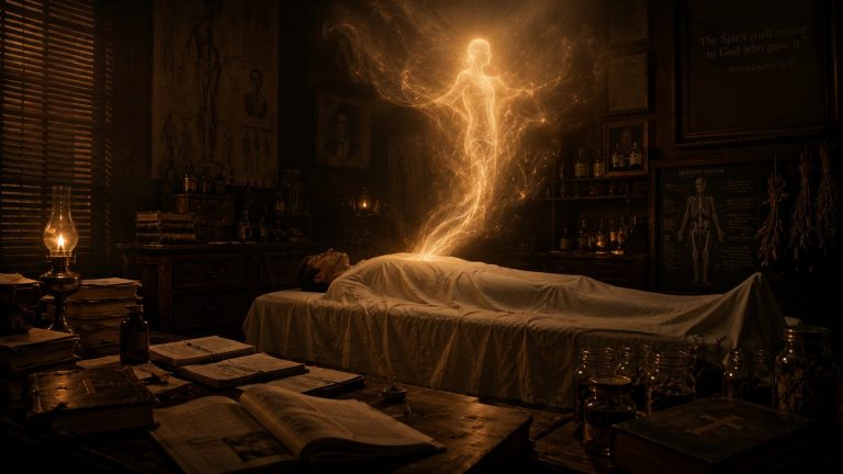 Pièce sombre inspirée de l’Amérique des années 1920, éclairée par une lampe à huile diffusant une lumière ambrée chaleureuse. Au centre, un homme allongé sur une table d’examen ancienne recouverte de draps blancs, les yeux fermés, vu de profil dans une pénombre profonde. Au-dessus de son corps s’élève une présence translucide dorée, comme une énergie ou une âme quittant doucement le corps sous forme lumineuse. Autour de la scène se trouvent un bureau en bois chargé de notes manuscrites, des livres anciens ouverts, une Bible, des bocaux contenant des herbes séchées et divers objets médicaux et occultes. L’ensemble baigne dans des tons brun sépia, or chaud et noir profond, créant une atmosphère solennelle et mystérieuse entre science ancienne et mysticisme spirituel.