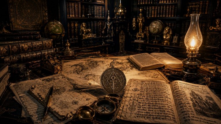 Bureau d’écriture victorien richement décoré plongé dans une pénombre indigo profonde. La table est couverte de manuscrits ésotériques anciens, de cartes anciennes dépliées, de textes en sanskrit ouverts et d’un compas en laiton. Au centre repose un médaillon gravé du symbole théosophique — serpent, étoile et ankh — captant la lumière chaude d’une lampe à gaz allumée sur le côté. En arrière-plan, d’immenses bibliothèques remplies de livres anciens montent jusqu’au plafond, accompagnées de globes terrestres et d’artefacts égyptiens dorés. La lumière ambrée de la lampe éclaire les papiers vieillis et les objets métalliques, tandis que les ombres profondes indigo et noires renforcent l’atmosphère de mystère, de grandeur intellectuelle et d’érudition occulte du XIXe siècle.
