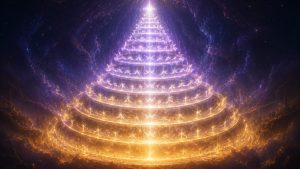 Immense structure cosmique composée de neuf anneaux concentriques de lumière s’élevant en pyramide vers un sommet éclatant dans un espace indigo infini. Chaque cercle lumineux brille plus intensément que le précédent, passant d’un or chaud à la base à une lumière blanche presque divine au sommet. À l’intérieur de chaque anneau apparaissent de délicates silhouettes ailées translucides, semblables à des êtres célestes alignés autour des cercles. La structure entière ressemble à une cathédrale d’énergie sacrée flottant dans le cosmos, entourée de nébuleuses violettes et d’obscurité profonde. Les tons dominants mêlent indigo profond, or lumineux, violet doux et blanc éclatant, créant une atmosphère grandiose de hiérarchie cosmique et d’ordre divin.