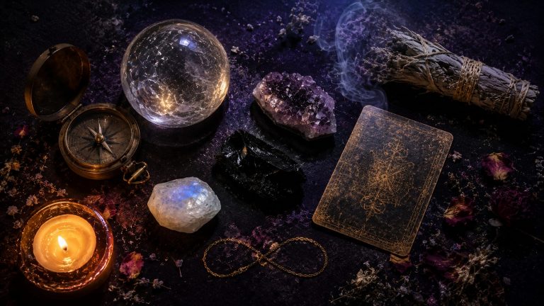 Vue de dessus photoréaliste d’une composition ésotérique sur une surface mate noir-violet profond. Une grande sphère de cristal de roche reflète la lumière chaude d’une bougie placée en bas à gauche. À côté, une ancienne boussole en laiton ouverte repose sur le tissu sombre. Trois cristaux bruts — améthyste violette, obsidienne noire et pierre de lune aux reflets bleutés — forment un triangle discret autour d’une carte de tarot retournée au dos noir vieilli orné de motifs dorés anciens. De la sauge blanche séchée, des pétales de rose fanés et quelques herbes sont dispersés délicatement autour des objets. Un fin filet de fumée d’encens s’élève en spirales douces dans la lumière tamisée. Une chaîne dorée forme un symbole infini au centre inférieur de la scène. L’éclairage mêle une lueur ambrée chaude et une ambiance bleu-violet froide, créant une atmosphère mystique, intemporelle et sacrée.