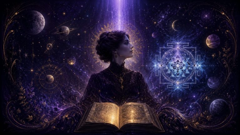 Illustration mystique et cosmique en format panoramique 16:9 sur fond indigo très sombre. Au centre, la silhouette élégante et lumineuse d’une femme du début du XXe siècle regarde légèrement vers la droite, baignée d’un rayon violet descendant du ciel. Devant elle repose un ancien manuscrit ouvert aux pages dorées lumineuses. Autour flottent des symboles astrologiques, des planètes, des étoiles et des motifs géométriques sacrés. À droite, un symbole Sri Yantra irradie une lumière bleu-blanc céleste. Des ornements art nouveau dorés encadrent subtilement la scène. Palette raffinée de violet profond, indigo, or antique et bleu cosmique. Atmosphère ésotérique, intemporelle et cinématographique, sans texte.