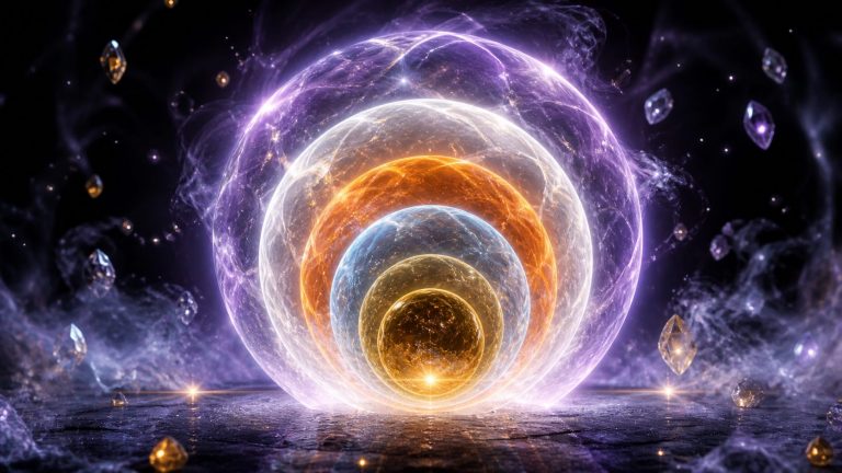 Sphères lumineuses translucides imbriquées, chacune d’une couleur différente (or brun, bleu argenté, orange ambré, blanc lumineux, violet), flottant dans un espace sombre indigo. Elles diffusent une lueur douce et intérieure, entourées de particules scintillantes, de cristaux suspendus et de brumes légères, créant une atmosphère cosmique, sacrée et profondément éthérée.