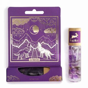 Roll-on ésotérique Tarot La Lune à l’améthyste avec packaging violet et doré inspiré du tarot, parfum énergétique apaisant dédié à l’intuition et à la sérénité nocturne.