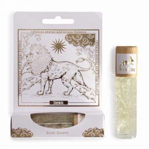 Roll-on ésotérique Tarot Le Lion au cristal de roche avec packaging blanc et doré inspiré du tarot, parfum énergétique spirituel et lithothérapie équilibre intérieur.