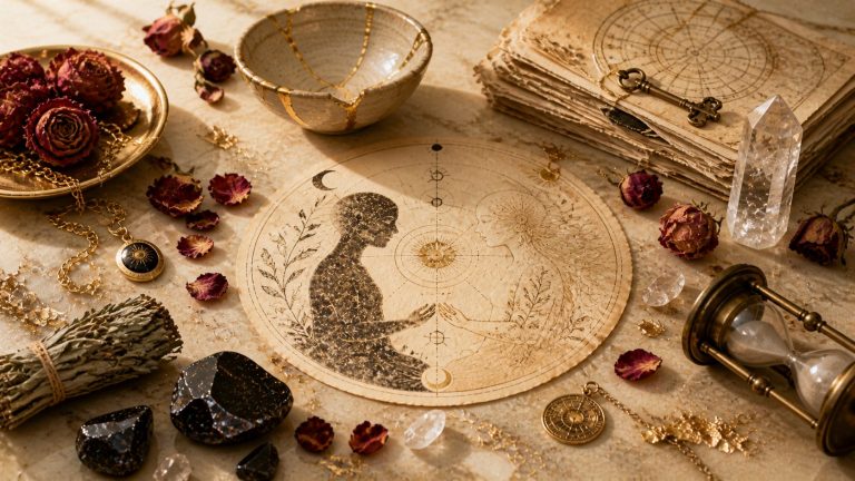 Flat lay photoréaliste au format horizontal 16:9 sur une surface en marbre crème lumineux. Au centre, une illustration circulaire ancienne représentant deux silhouettes humaines face à face, reliées par des lignes symboliques et des motifs astrologiques, évoquant une connexion profonde. Autour : un bol en céramique réparé à l’or (kintsugi), des roses rouges séchées dont les pétales sont dispersés, des pierres d’obsidienne sombres, un sablier ancien couché, un fagot de sauge séchée, des fragments de feuille d’or et des pages anciennes avec schémas célestes. Lumière chaude latérale créant des ombres douces. Ambiance introspective, poétique et lumineuse, avec une palette de tons crème, bordeaux profond, noir obsidienne, or doux et vert sauge.