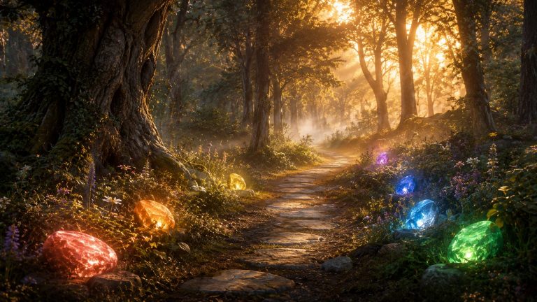 Chemin sinueux traversant une forêt ancienne baignée par la lumière dorée de l’aube. De hauts arbres majestueux aux troncs noueux s’élèvent de chaque côté tandis que de fins rayons de soleil filtrent à travers le feuillage, illuminant une légère brume flottant au ras du sol. Des fleurs sauvages aux teintes violettes, blanches et rosées bordent le sentier, créant une atmosphère douce et enchantée. Le chemin de pierre invite naturellement le regard vers l’avant en s’incurvant délicatement au cœur de la forêt. Le long du sentier reposent sept pierres lumineuses, chacune émettant une lueur douce d’une couleur différente du spectre : rouge, orange, jaune, vert, bleu clair, bleu profond et violet. L’ensemble évoque un voyage initiatique, la transformation intérieure, l’éveil progressif et la connexion sacrée avec la nature. Palette chaleureuse dominée par l’or du soleil levant, les verts profonds de la forêt et les couleurs vibrantes des pierres lumineuses. Ambiance paisible, magique, inspirante et profondément spirituelle.