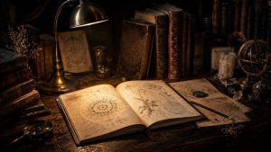 Bureau ancien en bois sombre éclairé par une lampe de bureau en laiton diffusant une lumière dorée chaleureuse. Au centre de la scène, un grand carnet ouvert révèle des pages remplies de mandalas minutieusement dessinés, de figures géométriques sacrées, de croquis symboliques et de diagrammes inspirés de l’alchimie et de la psychologie des profondeurs. Les illustrations sont réalisées à l’encre sur un papier vieilli, donnant l’impression d’un précieux journal d’étude ésotérique. Autour du carnet sont disposés plusieurs livres anciens reliés en cuir brun et bordeaux, aux couvertures richement ornées de dorures. Des feuilles couvertes de schémas alchimiques, une loupe, un stylo, une sphère armillaire en métal, quelques cristaux transparents et de petits objets d’étude complètent l’espace de travail. Une bougie partiellement consumée et des fleurs séchées renforcent le caractère intemporel et contemplatif de la pièce. L’arrière-plan est plongé dans une pénombre profonde, où les bibliothèques chargées de vieux ouvrages se fondent dans l’ombre. Les teintes dominantes sont le brun foncé, le noir, l’ambre et l’or, créant un contraste chaleureux entre la lumière de la lampe et l’obscurité environnante. L’ensemble évoque un cabinet d’étude consacré au symbolisme sacré, à l’alchimie, à l’inconscient, aux archétypes et aux mystères anciens. L’atmosphère est intime, érudite, mystérieuse et propice à la réflexion intérieure. **Texte alternatif :**Bureau ancien en bois sombre éclairé par une lampe de bureau en laiton diffusant une lumière dorée chaleureuse. Au centre de la scène, un grand carnet ouvert révèle des pages remplies de mandalas minutieusement dessinés, de figures géométriques sacrées, de croquis symboliques et de diagrammes inspirés de l’alchimie et de la psychologie des profondeurs. Les illustrations sont réalisées à l’encre sur un papier vieilli, donnant l’impression d’un précieux journal d’étude ésotérique. Autour du carnet sont disposés plusieurs livres anciens reliés en cuir brun et bordeaux, aux couvertures richement ornées de dorures. Des feuilles couvertes de schémas alchimiques, une loupe, un stylo, une sphère armillaire en métal, quelques cristaux transparents et de petits objets d’étude complètent l’espace de travail. Une bougie partiellement consumée et des fleurs séchées renforcent le caractère intemporel et contemplatif de la pièce. L’arrière-plan est plongé dans une pénombre profonde, où les bibliothèques chargées de vieux ouvrages se fondent dans l’ombre. Les teintes dominantes sont le brun foncé, le noir, l’ambre et l’or, créant un contraste chaleureux entre la lumière de la lampe et l’obscurité environnante. L’ensemble évoque un cabinet d’étude consacré au symbolisme sacré, à l’alchimie, à l’inconscient, aux archétypes et aux mystères anciens. L’atmosphère est intime, érudite, mystérieuse et propice à la réflexion intérieure.