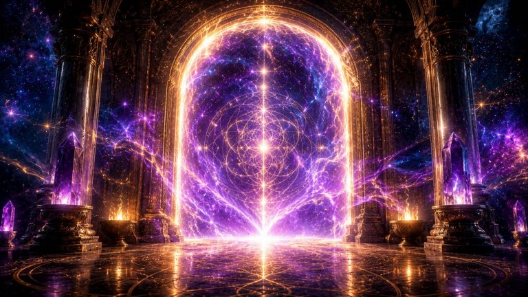 Illustration panoramique au format 16:9 représentant un immense portail cosmique baigné de lumière. Une arche monumentale composée de colonnes anciennes encadre une ouverture lumineuse où se mêlent des flux d’énergie dorée et violette. Au cœur du portail, un intense rayonnement blanc-violet semble former un passage vers un autre plan de conscience. À travers l’ouverture, un ciel cosmique d’un bleu indigo profond est constellé d’innombrables étoiles, de nébuleuses violettes et de nuages de poussière céleste. De fines lignes de géométrie sacrée apparaissent au centre du portail sous la forme de cercles concentriques et de motifs harmonieux, semblant vibrer dans la lumière. Des filaments d’énergie dorée traversent l’arche et se diffusent dans l’espace environnant comme des courants lumineux. Le sol, sombre et brillant, reflète les éclats du portail et révèle de subtils motifs géométriques gravés dans la pierre. De grands cristaux violets lumineux sont disposés de part et d’autre de l’entrée, tandis que de petites flammes dorées éclairent discrètement la base des colonnes, renforçant le caractère sacré du lieu. L’ensemble évoque un seuil spirituel entre deux mondes, un portail énergétique symbolisant l’éveil de la conscience, la transformation intérieure et l’accès à des dimensions supérieures. La palette est dominée par l’indigo profond, le violet lumineux, l’or chaud et le blanc éclatant, créant une atmosphère majestueuse, mystique et profondément contemplative.
