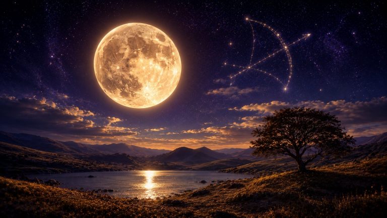 Paysage nocturne cinématographique au format panoramique 16:9. Une immense pleine lune dorée domine un ciel indigo profond constellé d’étoiles scintillantes. Sa lumière chaude illumine délicatement les collines ondulantes et se reflète en un long ruban d’or sur la surface calme d’un lac. À droite de la scène, un arbre solitaire se dresse en silhouette sombre sur une colline, ses branches se détachant contre la lueur céleste. Dans le ciel, une constellation discrète dessine la forme d’un archer tendant son arc vers l’horizon, intégrée naturellement parmi les étoiles. Les montagnes lointaines créent une profondeur majestueuse tandis que quelques nuages légers captent les reflets de la lune. L’ensemble évoque l’expansion, la quête de vérité, la liberté intérieure et la sagesse guidée par les étoiles. Palette dominée par l’indigo profond, l’or lunaire et les ombres bleutées, avec une atmosphère paisible, contemplative et sacrée.