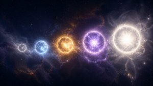 Scène cosmique panoramique au format 16:9 sur un fond indigo profond constellé d’étoiles discrètes. Cinq sphères lumineuses flottent dans un large arc horizontal, chacune plus grande et plus brillante que la précédente. À l’extrême gauche, une petite orbite gris argenté diffuse une lumière douce et ancienne. Vient ensuite une sphère bleu pâle aux reflets glacés, entourée d’un léger halo lumineux. Au centre, une sphère dorée chaleureuse rayonne d’une énergie solaire et équilibrée. Plus à droite, une grande sphère violet profond scintille d’une lumière mystique et vibrante. Enfin, à l’extrémité droite, une immense sphère blanche éclatante domine la composition, irradiant une lumière pure et presque céleste. Entre les orbes circulent de délicats nuages de poussière cosmique, des filaments d’énergie et des particules lumineuses qui semblent relier chaque étape du parcours. L’ensemble évoque une progression spirituelle, l’évolution de l’âme à travers les âges, la sagesse acquise au fil des incarnations et un voyage cosmique vers une conscience plus élevée. Atmosphère éthérée, contemplative et majestueuse, avec des nuances d’indigo, d’argent, de bleu, d’or, de violet et de blanc lumineux.