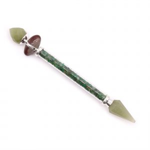 Baguette magique Shiva Lingam en aventurine verte avec double pointe facettée et manche rempli de pierres naturelles