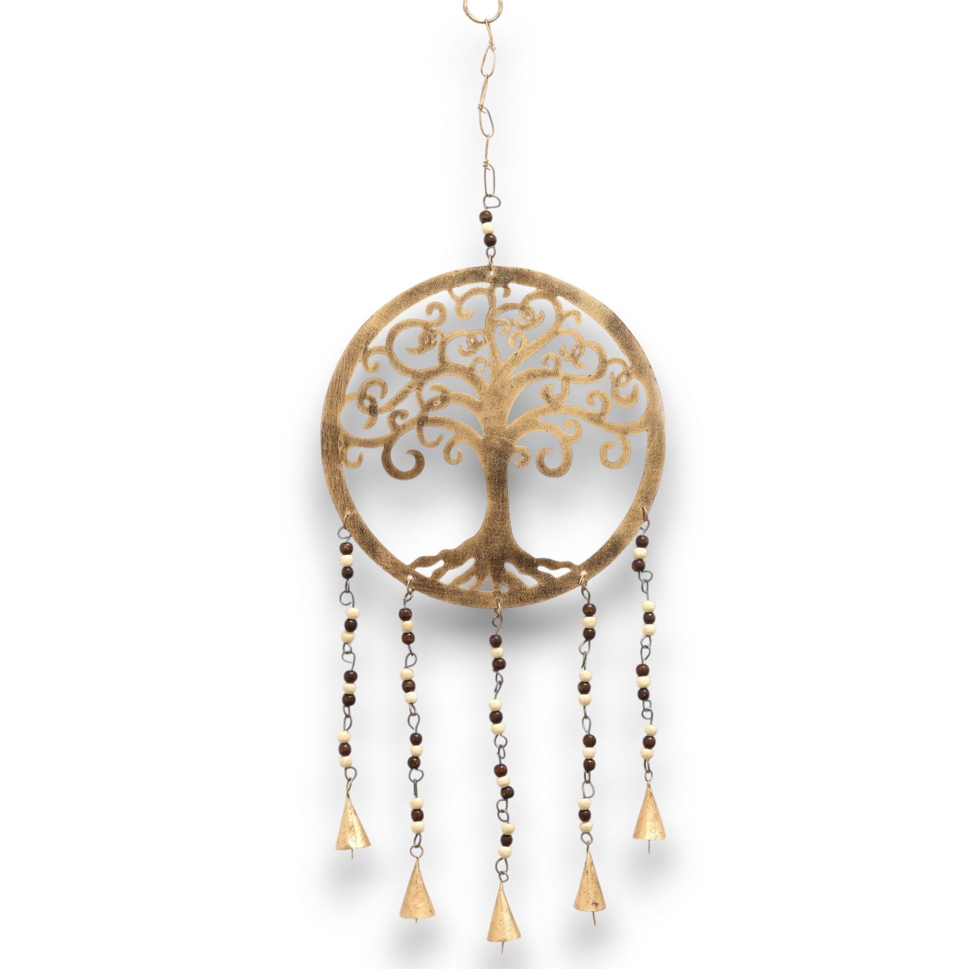 Grand carillon indien Arbre de Vie en laiton filigrane ciselé doré avec perles sombres et grandes cloches coniques, 25 × 35 cm — Lumen Arca