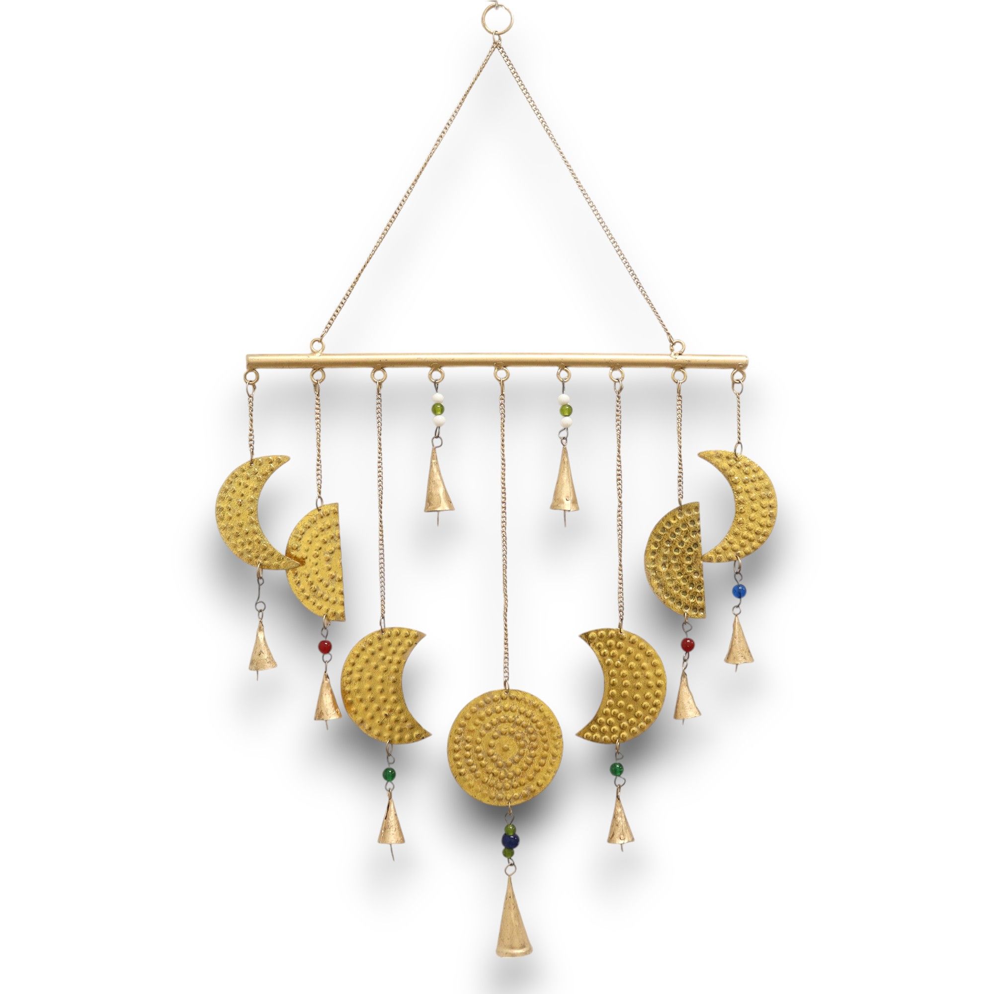 Grand carillon indien phases de la lune en laiton doré avec perles de verre colorées et cloches, 43 × 40 cm — Lumen Arca