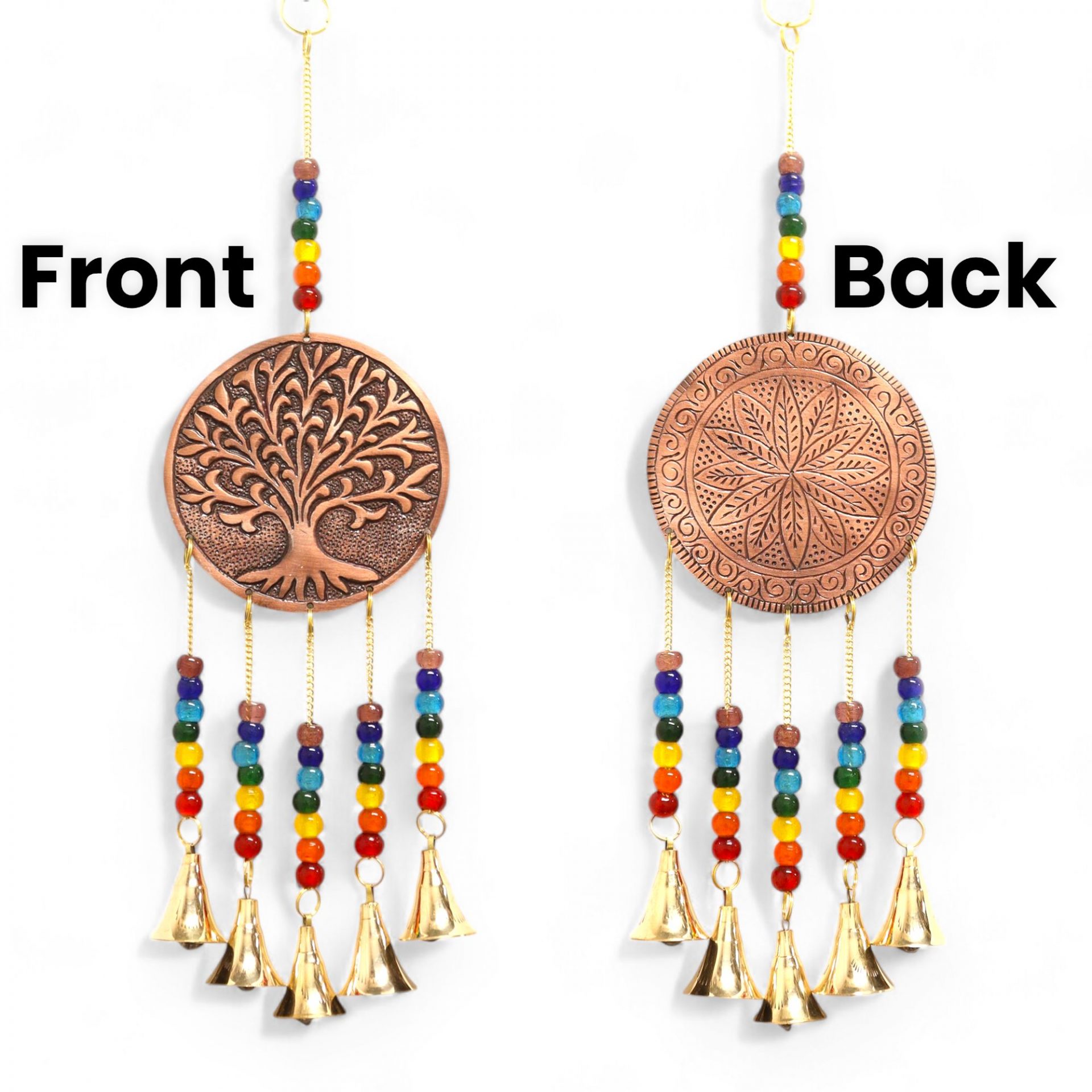 Carillon Arbre de Vie en Laiton Cuivré — Perles 7 Chakras & 5 Clochettes | 36 cm – Image 3