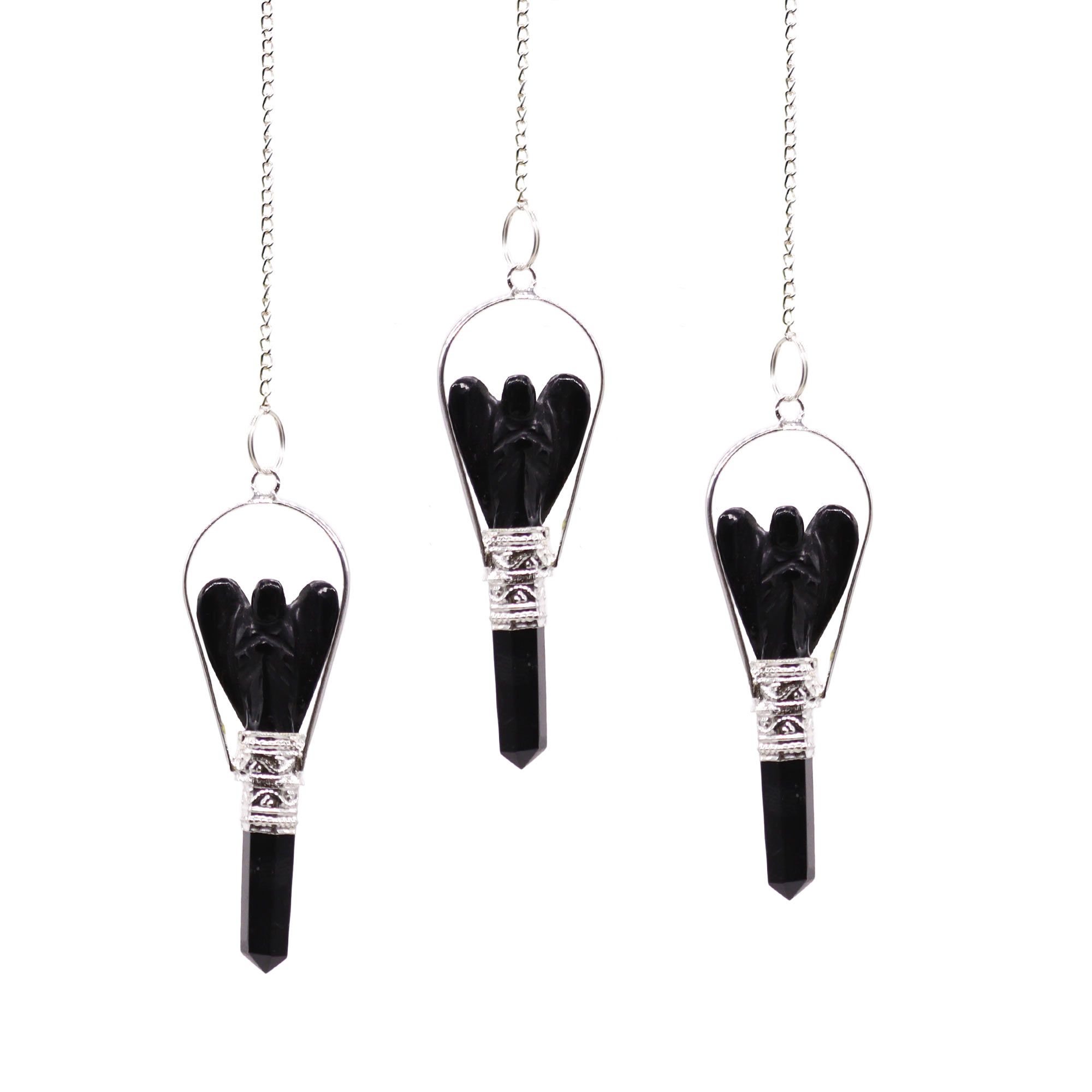Pendule ange en agate noire naturelle avec anneau argenté et pointe facettée pour radiesthésie et méditation