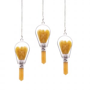 Pendule ange en quartz jaune avec anneau argenté, chaîne et pointe facettée pour radiesthésie et méditation