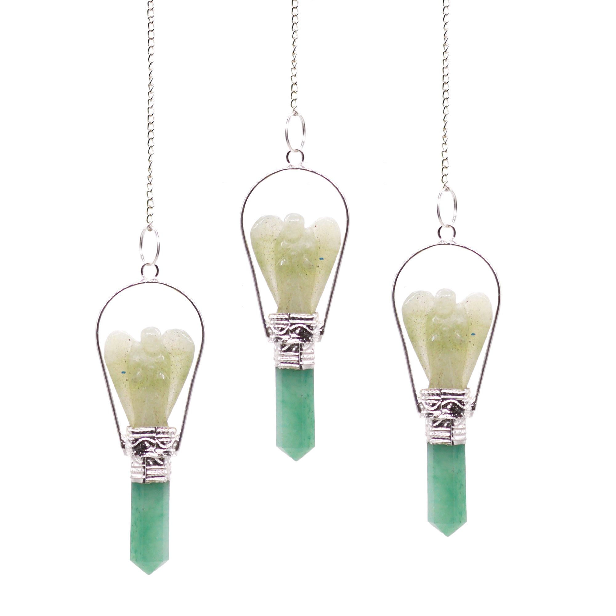 Pendule ange en aventurine verte naturelle avec anneau argenté et pointe facettée pour radiesthésie et méditation