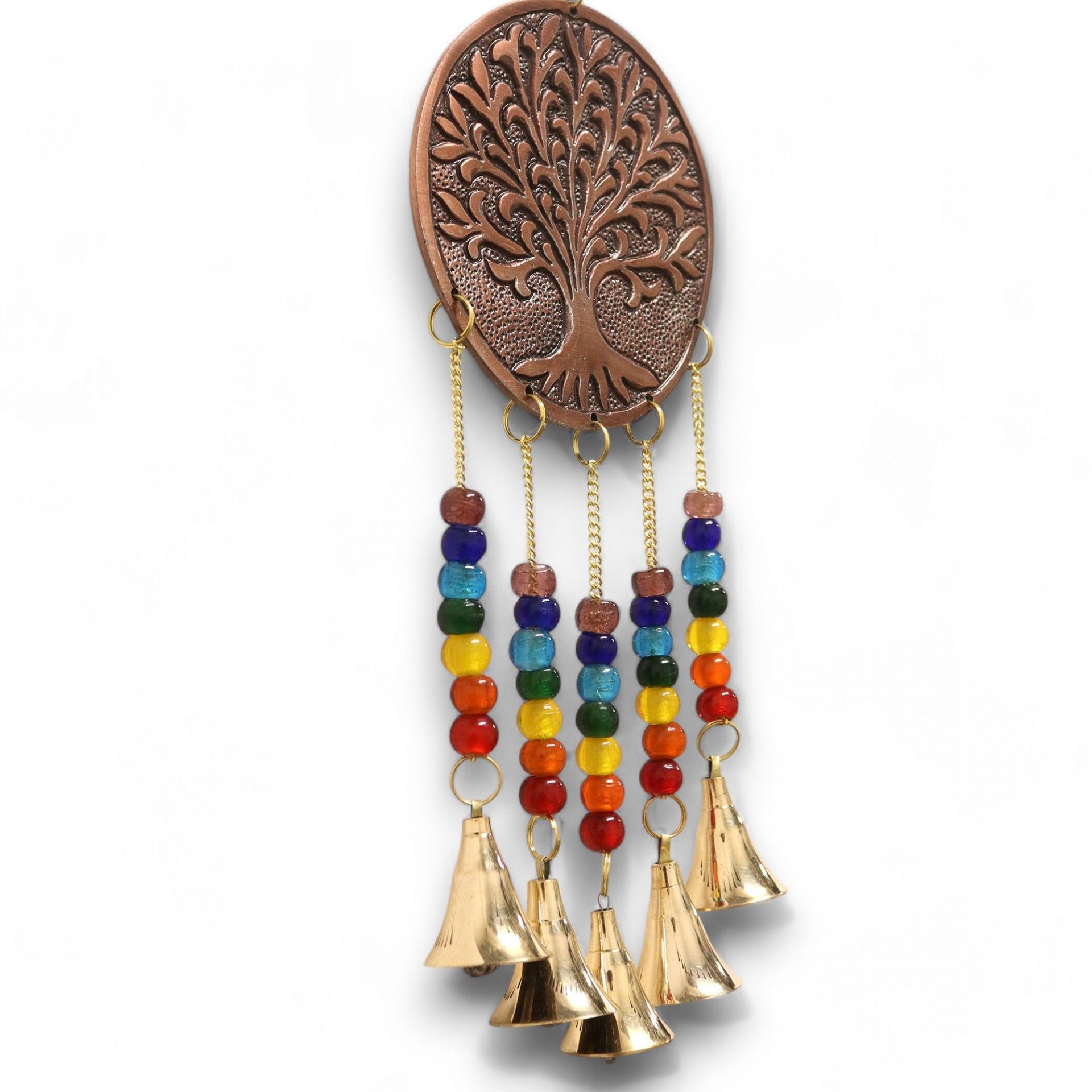 Carillon Arbre de Vie en Laiton Cuivré — Perles 7 Chakras & 5 Clochettes | 36 cm – Image 4