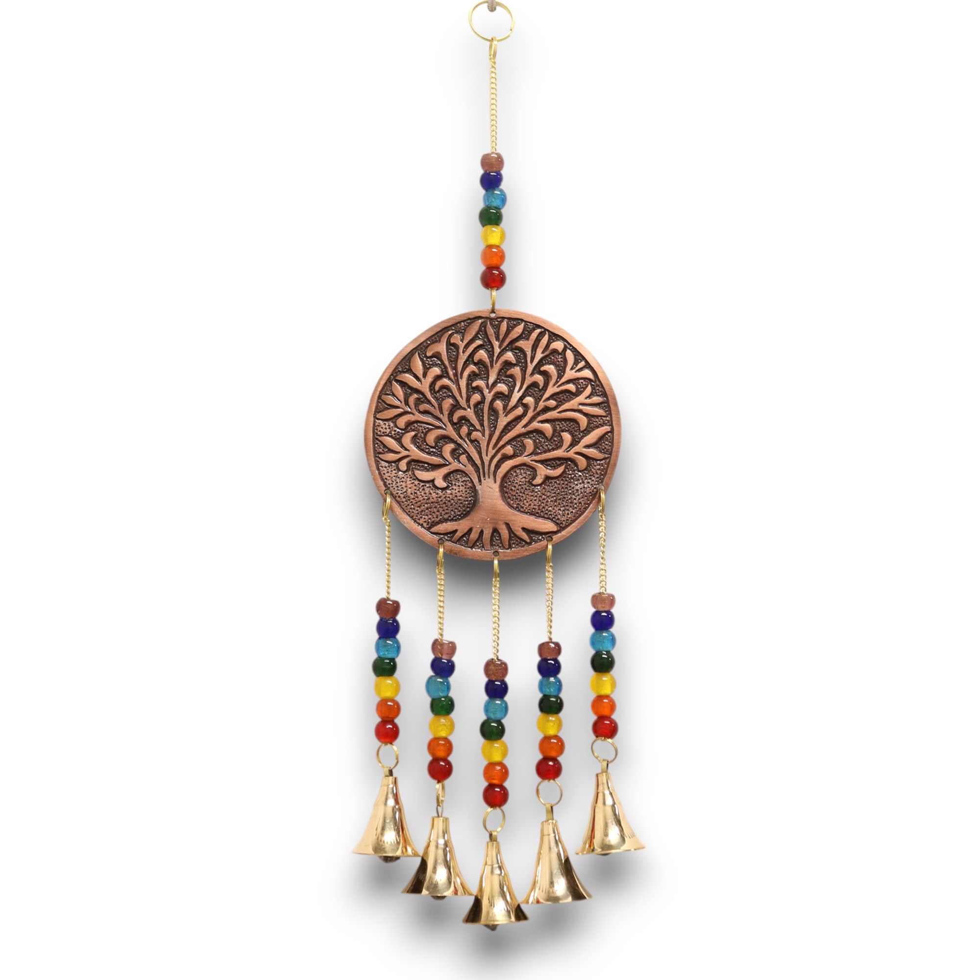 Carillon indien Arbre de Vie en laiton finition cuivrée ciselée avec perles multicolores chakras et cinq clochettes, 36 cm — Lumen Arca