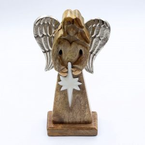 Grand ange de la paix en bois de manguier avec ailes en métal argenté et étoile blanche en émail, décoration spirituelle de 30 cm