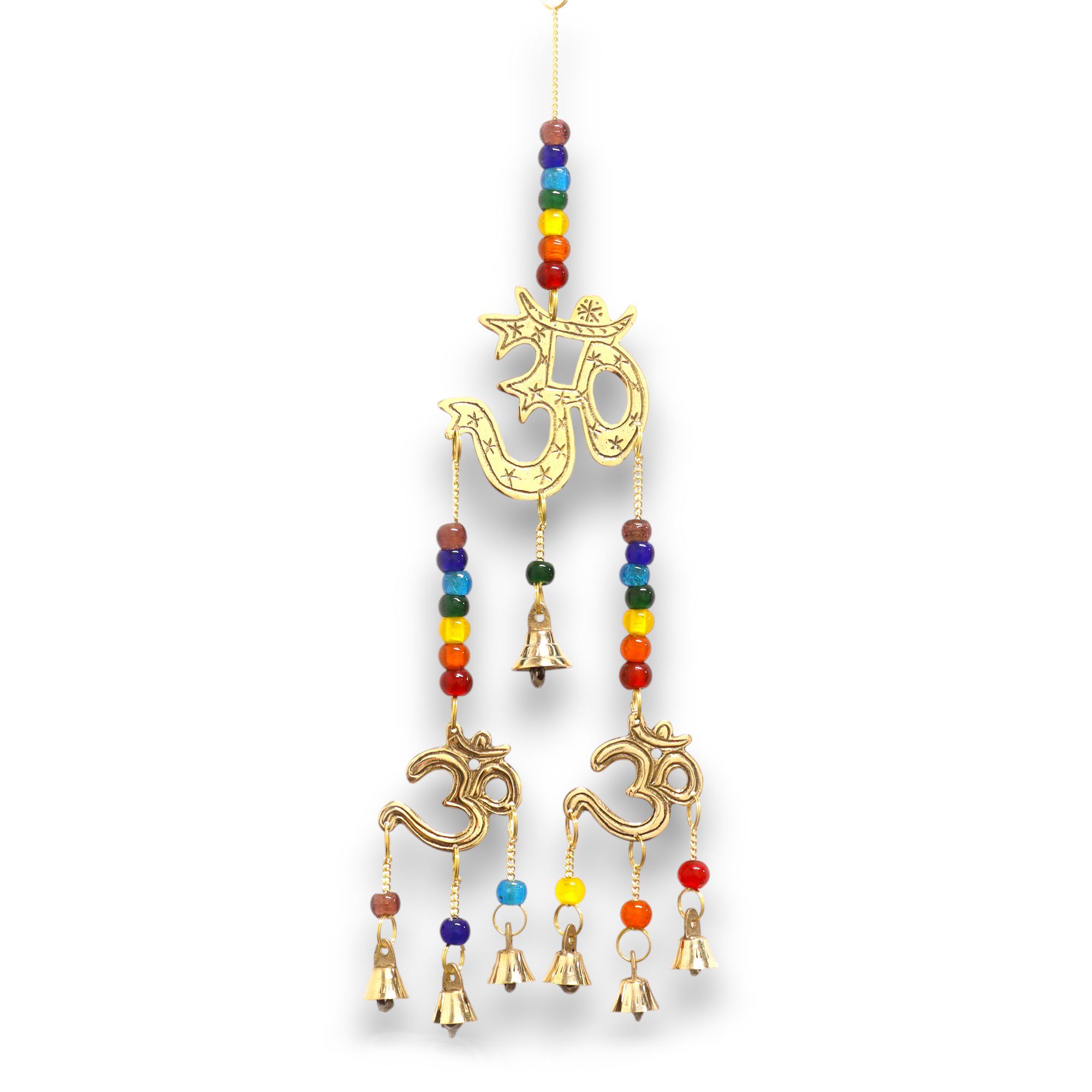 Carillon indien Om en laiton doré avec trois symboles Om en cascade, perles multicolores sept chakras et sept cloches, 32 cm — Lumen Arca