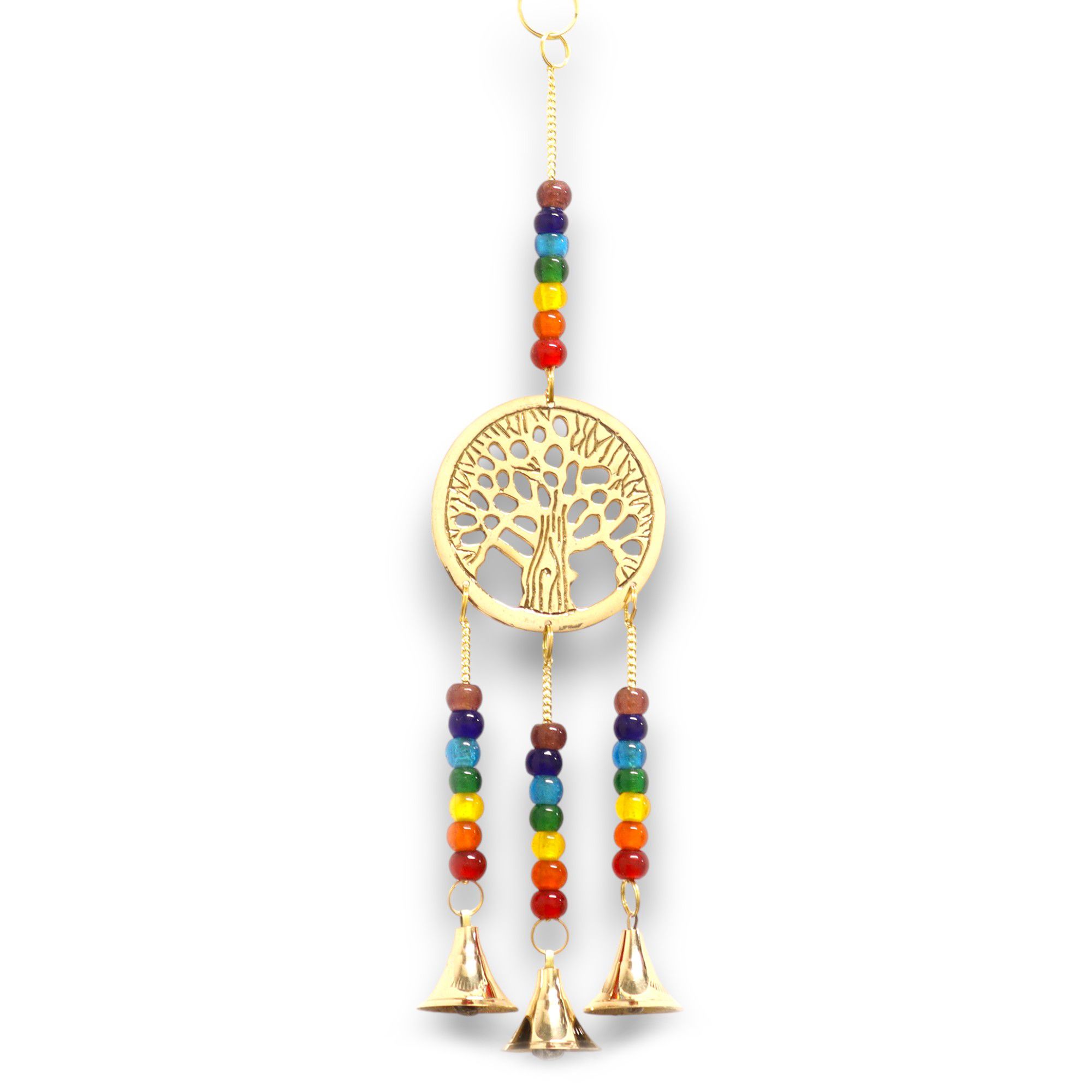Carillon indien Arbre de Vie en laiton doré ciselé avec perles multicolores sept chakras et trois cloches, 31 cm — Lumen Arca