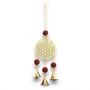 Carillon indien Fleur de Vie en laiton doré avec perles de Rudraksha naturelles et trois cloches, 27 cm — Lumen Arca