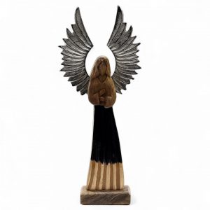 Grand ange gardien en bois de manguier avec robe noire, ailes en métal argenté et détails en émail, décoration spirituelle de 40 cm