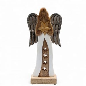 Ange étoile en bois de manguier avec ailes en métal effet ancien, robe blanche émaillée et étoile dorée, décoration spirituelle de 30 cm