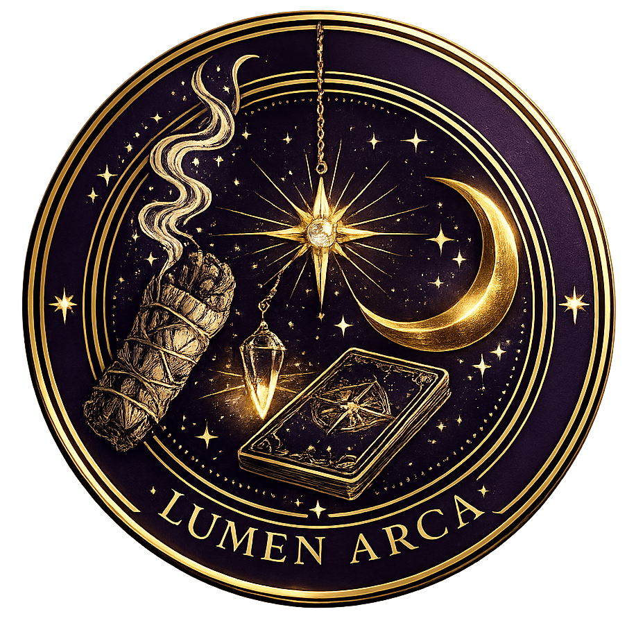 Logo emblème circulaire de style ésotérique haut de gamme sur fond transparent. Le cercle principal est rempli d’un violet profond (#1a0f2e) encadré par une double bordure fine dorée. À l’intérieur, quatre symboles spirituels sont disposés harmonieusement : un fagot de sauge blanche attaché avec de la corde, d’où s’élèvent de délicats volutes de fumée crème ; un pendule cristallin suspendu au centre ; un croissant de lune doré lumineux à droite ; et une carte de tarot retournée ornée d’un motif géométrique raffiné en doré. De petites étoiles et points lumineux décoratifs complètent la composition. L’ensemble est illustré dans un style vectoriel détaillé rappelant un sceau ancien ou un emblème de marque de luxe, avec uniquement des teintes de violet profond, d’or chaud et de blanc crème. En bas de l’emblème, le nom « LUMEN ARCA » apparaît en lettres capitales élégantes arquées suivant la courbe du cercle. Atmosphère mystique, sacrée, féminine et raffinée.