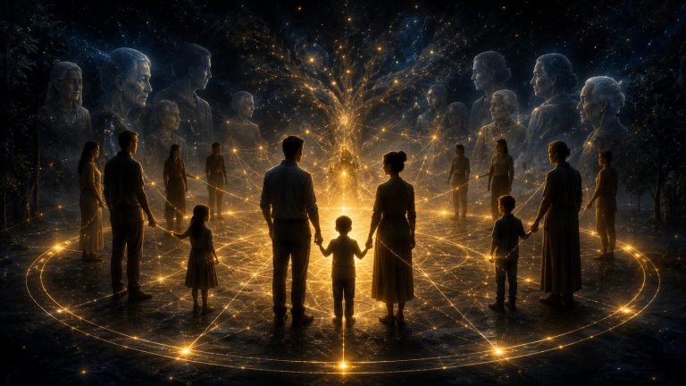 Illustration photoréaliste au format panoramique 16:9 montrant une famille représentée par des silhouettes debout en cercle dans une clairière nocturne. Un halo de lumière dorée illumine le centre, tandis que de fins fils d'énergie lumineux relient chaque personne entre elles. En arrière-plan, de grandes silhouettes translucides évoquent les ancêtres, baignées dans des tons bleu indigo et or. Des motifs de géométrie sacrée se déploient sous les personnages et dans l'air, créant une atmosphère spirituelle, contemplative et apaisante symbolisant les constellations familiales, les liens transgénérationnels et la guérison du lignage.