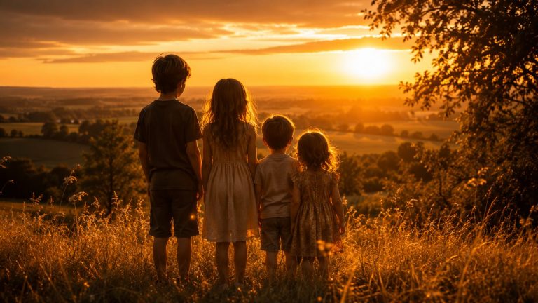 Photographie panoramique au format 16:9 montrant quatre enfants de tailles différentes vus de dos, debout côte à côte dans une prairie dorée au coucher du soleil. Les hautes herbes sont baignées d'une lumière chaude et ambrée, tandis que le soleil illumine l'horizon d'un ciel aux nuances d'or et d'orange. L'atmosphère est douce, nostalgique et empreinte de tendresse, évoquant les liens fraternels, l'enfance, la famille et les souvenirs partagés.