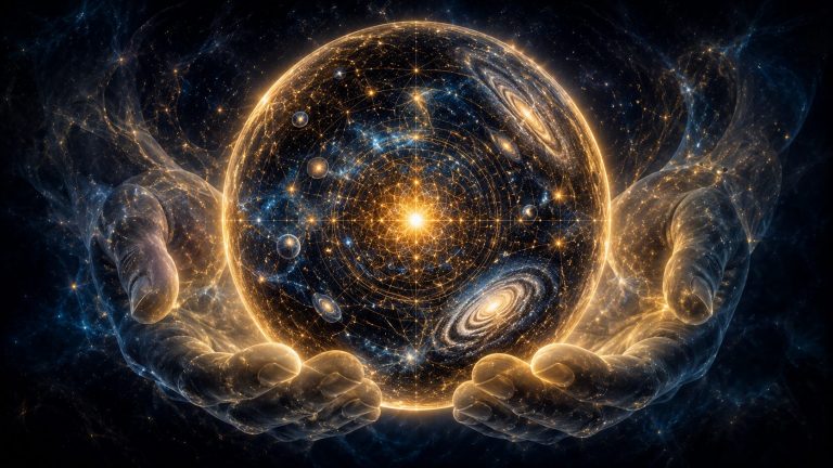 Illustration photoréaliste au format panoramique 16:9 représentant une immense sphère lumineuse dorée renfermant un univers miniature composé de galaxies, d'étoiles, de nébuleuses et de motifs de géométrie sacrée. La sphère semble être délicatement soutenue par des mains translucides et éthérées, presque invisibles. L'arrière-plan est un vaste espace cosmique aux nuances d'indigo profond et de bleu nuit. L'ensemble évoque l'unité du cosmos, la présence du divin au cœur de l'univers et l'interconnexion de toute existence dans une atmosphère contemplative, spirituelle et majestueuse.