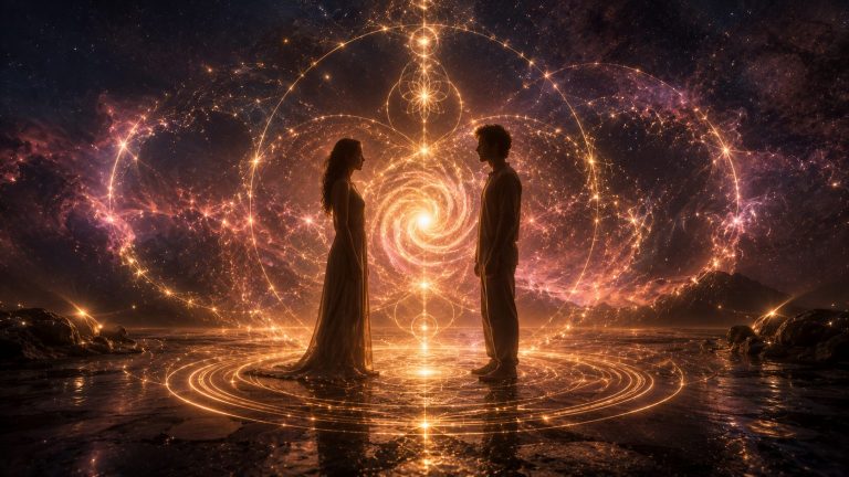 Une scène cinématographique montre deux silhouettes se faisant face au centre d’un cercle de lumière dorée, reliées par des spirales lumineuses et des motifs de géométrie sacrée sur un fond cosmique aux teintes indigo et or rose, évoquant la connexion des âmes et la guérison des relations.