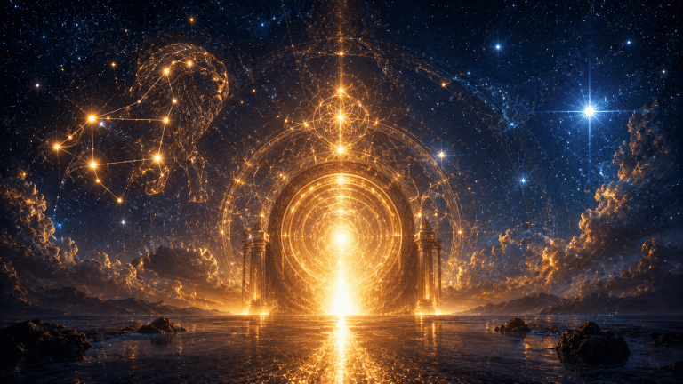 Illustration panoramique photoréaliste au format 16:9 représentant un immense portail cosmique de lumière dorée s'ouvrant dans un ciel nocturne constellé d'étoiles. La constellation du Lion apparaît à gauche sous la forme d'un tracé lumineux, tandis que l'étoile Sirius brille intensément dans le ciel. Des motifs de géométrie sacrée entourent le portail et de puissants rayons de lumière se reflètent sur une étendue d'eau calme. Les teintes dominantes sont l'indigo profond, le bleu nuit et l'or, créant une atmosphère mystique évoquant le portail du Lion, l'alignement cosmique et l'éveil énergétique.