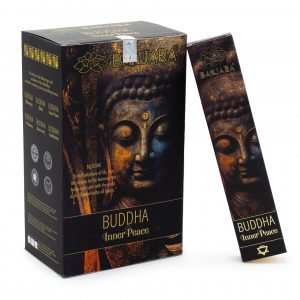 Étui d’encens Banjara Bouddha Paix Intérieure noir et doré avec bâtonnets, pour méditation, relaxation et ambiance spirituelle apaisante