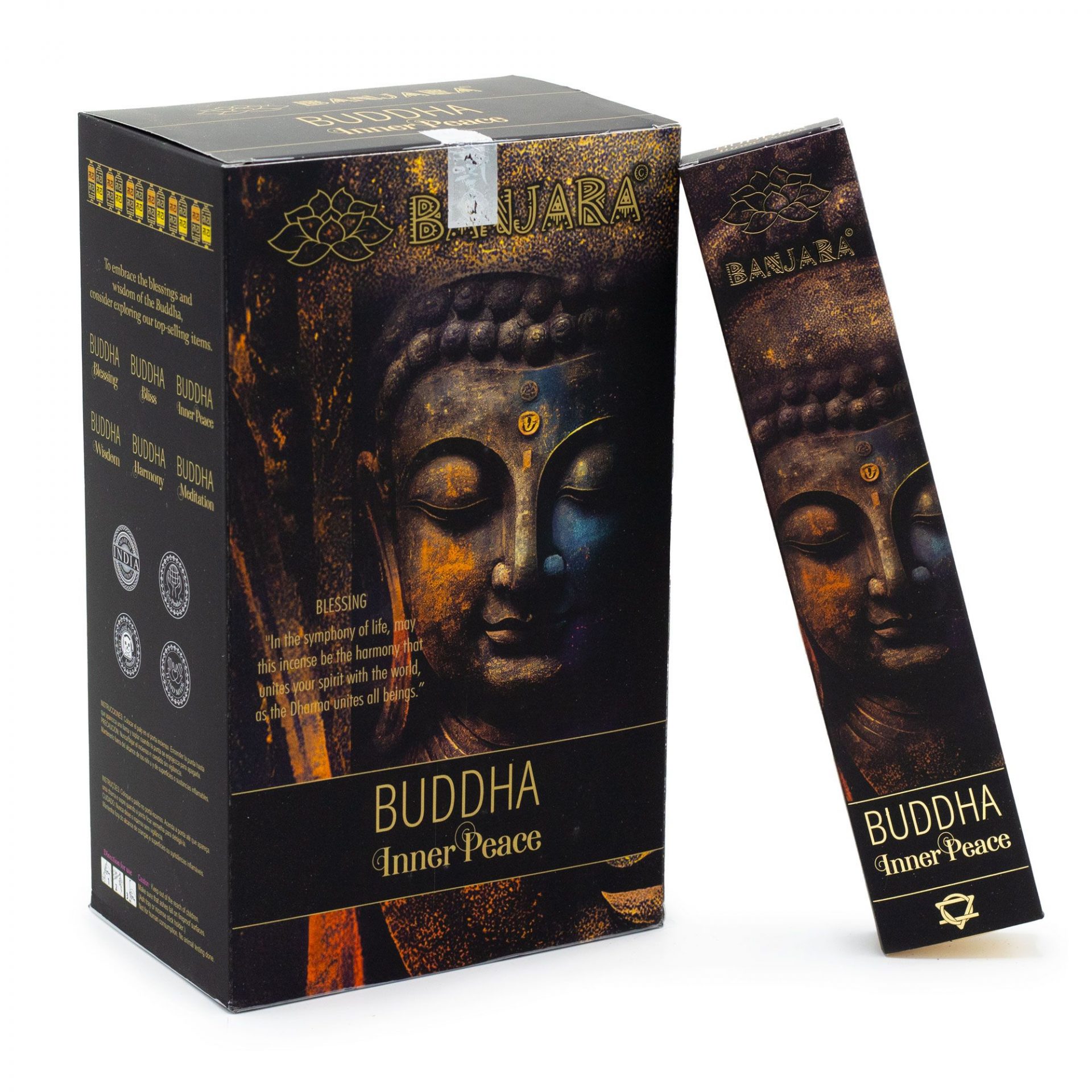 Étui d’encens Banjara Bouddha Paix Intérieure noir et doré avec bâtonnets, pour méditation, relaxation et ambiance spirituelle apaisante